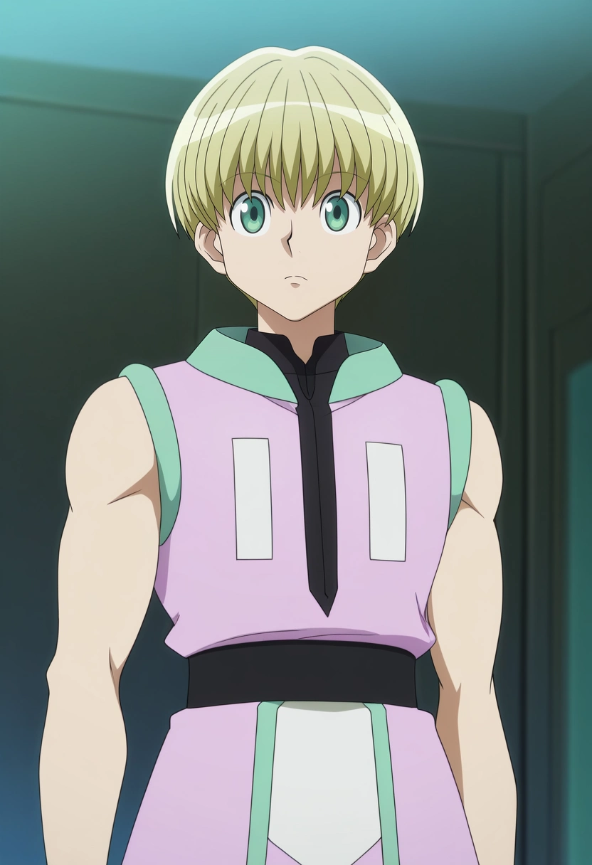 masterpiece, best quality, anime screencap, official style, anime coloring, cowboy shot, 1boy, solo, male focus, <lora:shalnark_ryuseih_ilxl:0.96>, shalnark_ryuseih, blonde hair, green eyes, short hair, bangs, , ,