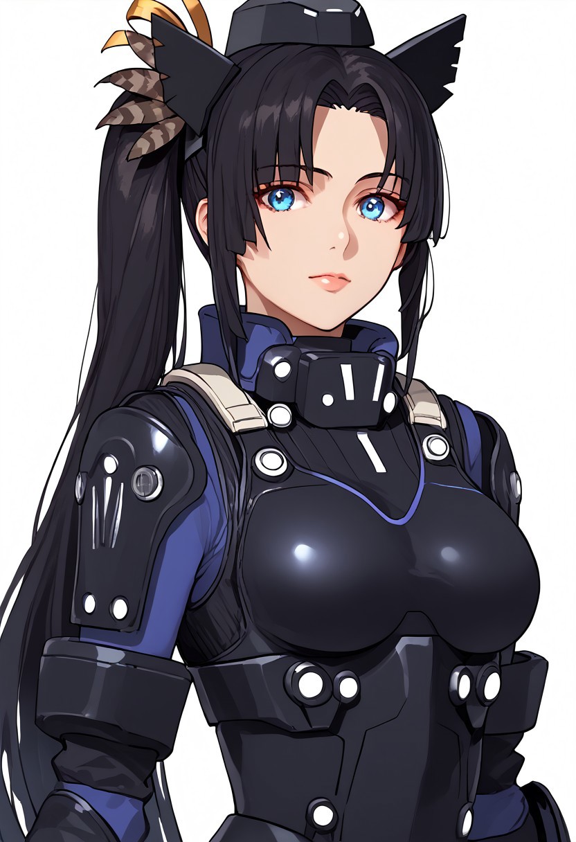 1girl, black hair, very long hair, blue eyes, hair bun, side ponytail, circlet, hair ornament, head wings, feathers, leotard, mecha, high collar, power suit, mechanical gloves, Mechanical Boots, Head-Mounted Display, simple background, white background, <lora:Mashu:1> contraposto, cowboy shot  <lora:Ushiwaka:1>, score_9, score_8_up, score_7_up, score_6_up, score_5_up, score_4_up, BREAK source_anime, masterpiece, upper body, zoom out, looking at viewer, black inner clothes, mature, black inner pants,