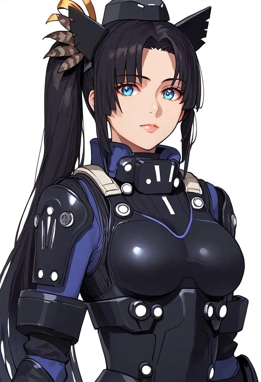 1girl, black hair, very long hair, blue eyes, hair bun, side ponytail, circlet, hair ornament, head wings, feathers, leotard, mecha, high collar, power suit, mechanical gloves, Mechanical Boots, Head-Mounted Display, simple background, white background, <lora:Mashu:1> contraposto, cowboy shot <lora:Ushiwaka:1>, score_9, score_8_up, score_7_up, score_6_up, score_5_up, score_4_up, BREAK source_anime, masterpiece, upper body, zoom out, looking at viewer, black inner clothes, mature, black inner pants,