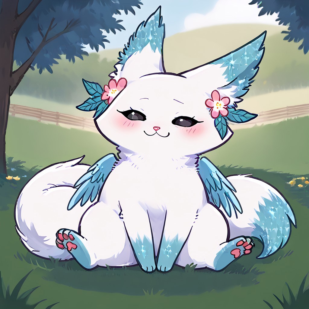 Minto, white fur, black sclera, black eyes, pink nose, paws, tail, turquoise edges at the ears, full body, outdoors, sitting on grass