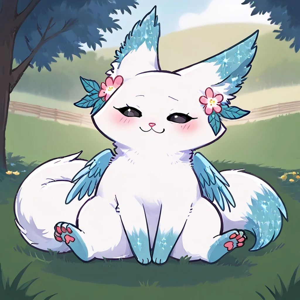 Minto, white fur, black sclera, black eyes, pink nose, paws, tail, turquoise edges at the ears, full body, outdoors, sitting on grass