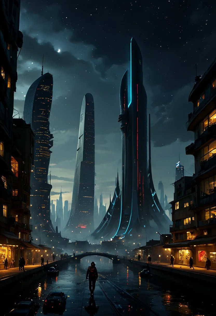 ultra HD, high quality, 4K, score_9, score_8_up, score_7_up, (masterpiece), (best quality), (ultra-detailed), realistic, masterpiece oil painting, landscape of Colossal Futuristic Buildings, Incredibly huge futuristic buildings that can be seen from almost anywhere in the city, a large skyline, (at Night), dark night, Moebius art style