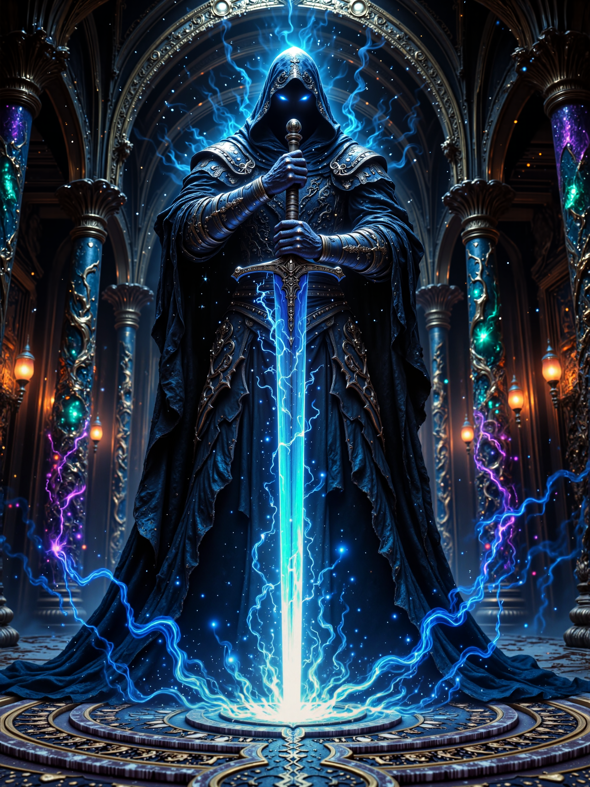 photorealistic masterwork digital painting, hyper-realistic, low-angle shot, from below, highly detailed, intricate, fractal, and iridescent, perfect hands, blade of cold blue fire, capturing the imposing figure of a towering, hooded lich clad in symmetrical ornate knight armor with a large billowing cape, his piercing two eyes glowing with bright blue fire, he holds a long, elegant, symmetrical flaming greatsword with both hands, one hand above the other, its thin blade forged from azure fire that emits an ominous, cold glow, the tip of the blade hits the gorund, causing a burst of magic blue fire, the scene is set in an ancient castle's shimmering opulent and luxurious marble grand hall, where magical vapors rise from the ground and swirl lazily throughout the room, dim, atmospheric lighting originates primarily from the glowing greatsword and the iridescent magical vapors, casting intricate shadows and enhancing the mysterious, otherworldly aura of the lich, the composition emphasizes dramatic scale and texture, with a focus on the interplay of light and shadow, intricate fractal details of the armor and marble, and an eerie spectral glow that illuminates every facet of the scene, wide crossguard, long grip, the color palette consists predominantly of night blue, black, gold, cyan, azure, aquamarine, and deep purple accents, ovg, r3alisticf, <lora:style-mythic_fantasy-realistic-flux-by_velvets:1.0>