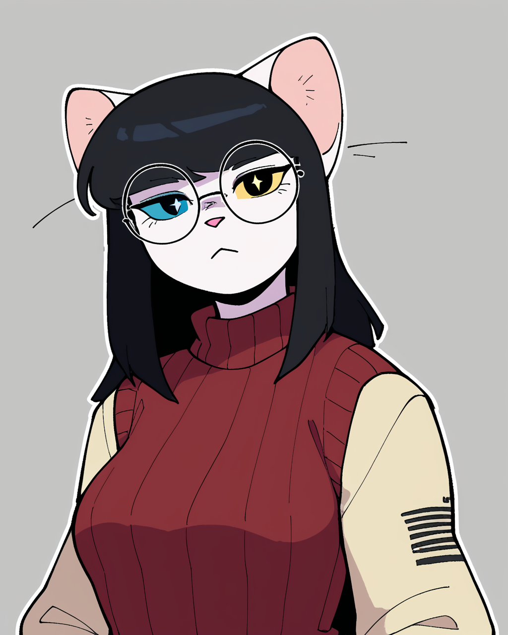 score_9_up, score_8_up, score_7_up, score_6_up, half-length portrait, cat, medium breasts, black hair, white body, heterochromia, sweater, female, round glasses, jeans, white sneakers, cat tail, looking at viewer, solo, neutral expression, three-quarter view, head tilt, simple background, white outline, <lora:Leah_Pines(AIM)_XL_v1:0.15> <lora:PDXL_artist_tags_v2_big:0.5> <lora:The-Minuscule-Task_PDXL_v1.0:0.6>  <lora:Mika_Shinohara_Sonokido:0.6>