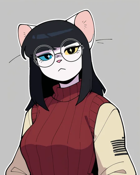 score_9_up, score_8_up, score_7_up, score_6_up, half-length portrait, cat, medium breasts, black hair, white body, heterochromia, sweater, female, round glasses, jeans, white sneakers, cat tail, looking at viewer, solo, neutral expression, three-quarter view, head tilt, simple background, white outline, <lora:Leah_Pines(AIM)_XL_v1:0.15> <lora:PDXL_artist_tags_v2_big:0.5> <lora:The-Minuscule-Task_PDXL_v1.0:0.6> <lora:Mika_Shinohara_Sonokido:0.6>