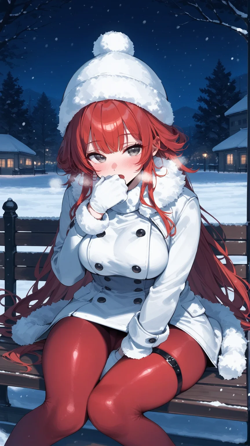 score_9,score_8_up,score_7_up,
1girl,solo,
<lora:mi-rei-Pony-V3-05:0.8>,mi-rei,
red hair,very long hair,grey eyes,large breasts,
fur trim,fur-trimmed jacket,white jacket,short dress,Thigh Strap,red pantyhose,fur gloves,long sleeves,
blush,open mouth,
sitting,breath,covering mouth,
snow,night,park bench,looking at viewer,
