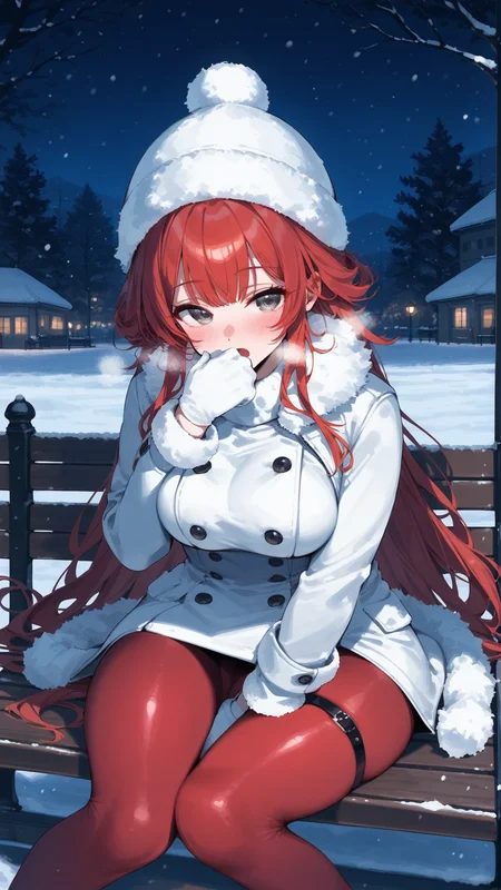score_9,score_8_up,score_7_up,
1girl,solo,
<lora:mi-rei-Pony-V3-05:0.8>,mi-rei,
red hair,very long hair,grey eyes,large breasts,
fur trim,fur-trimmed jacket,white jacket,short dress,Thigh Strap,red pantyhose,fur gloves,long sleeves,
blush,open mouth,
sitting,breath,covering mouth,
snow,night,park bench,looking at viewer,