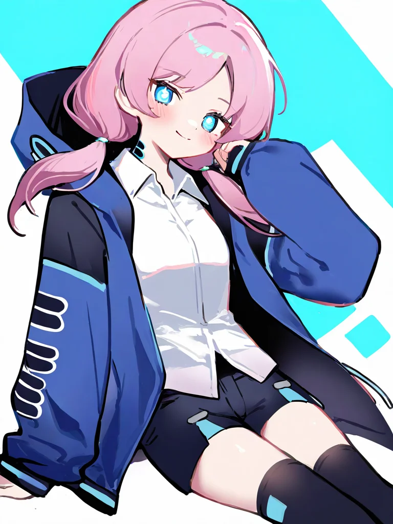 1girl,solo,simple background,white background,cowboy shot,,blue poison \(elite ii\) \(arknights\),arknights,shii \(eve\),dress shirt,invisible chair,long hair,feet out of frame,black shorts,hooded jacket,jacket,arm support,sleeves past wrists,short shorts,smile,blush,open jacket,collared shirt,shorts,solo,thighhighs,pink hair,hood,shirt,white shirt,blue jacket,blue eyes,low twintails,hood down,looking at viewer,twintails,long sleeves,black thighhighs,open clothes,<lora:bigcat-000021:1>, masterpiece, best quality, very aesthetic, absurdres,newest, incredibly absurdres,