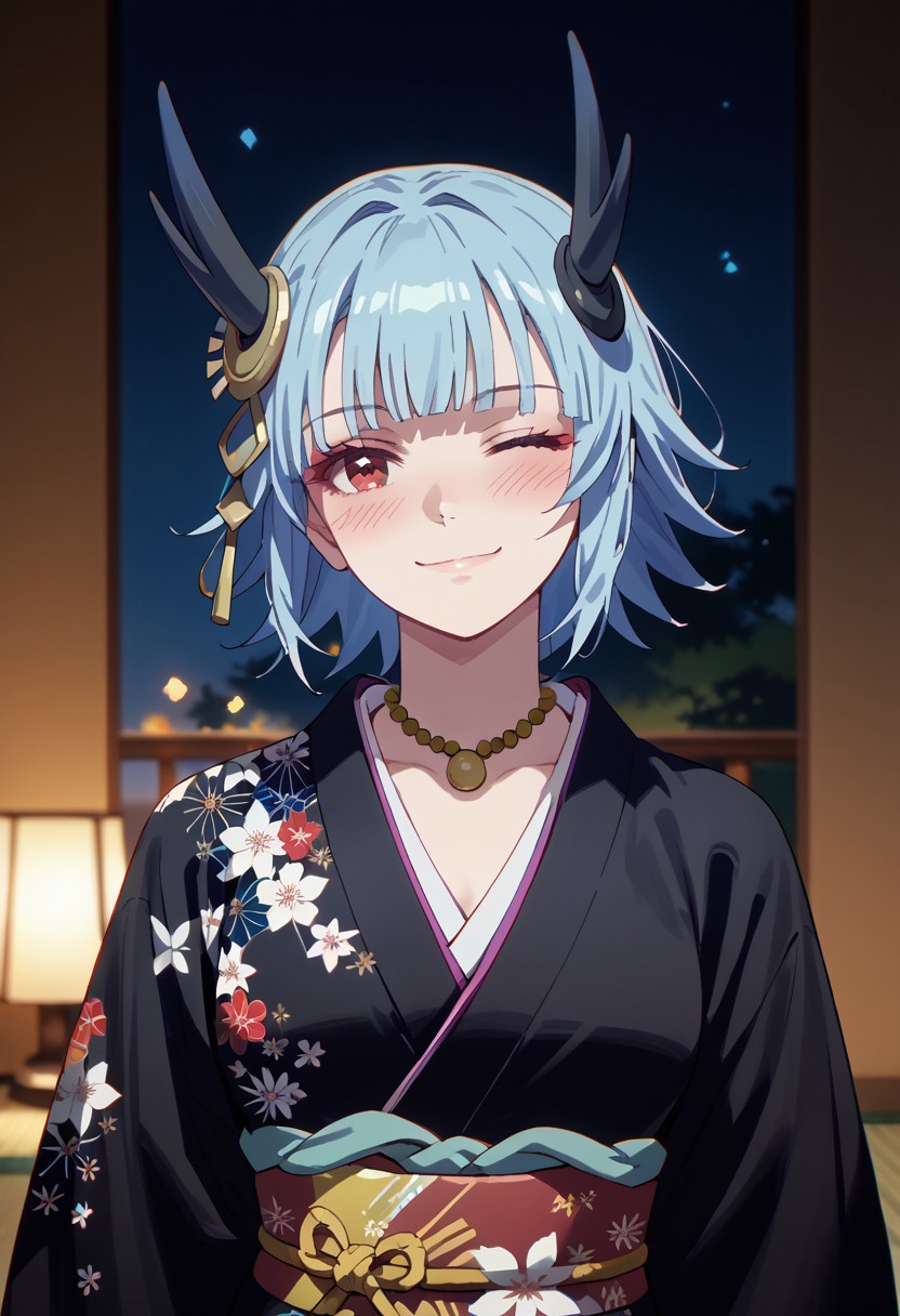 score_9,score_8_up,score_7_up,source_anime, OUROBOROS,1girl,solo,looking at viewer,blush,smile,closed mouth,jewelry,blue hair,upper body,one eye closed,japanese clothes,kimono,necklace,headgear,floral print,;\),print kimono,black kimono,