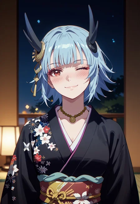 score_9,score_8_up,score_7_up,source_anime, OUROBOROS,1girl,solo,looking at viewer,blush,smile,closed mouth,jewelry,blue hair,upper body,one eye closed,japanese clothes,kimono,necklace,headgear,floral print,;\),print kimono,black kimono,