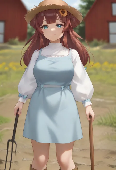 1girl, solo, solo focus, highres, absurdres, RemiSprings, hair flower, sunflower hair ornament, brown hair, long hair, bangs, blue eyes, straw hat,
blue dress, white shirt, hair bow, blue bow, bangs, long sleeves, mature female, large breasts,
looking at viewer, smile, closed mouth, holding pitchfork, pitchfork,
brown boots, light particles, full body,
day, sunlight, rural, barn,