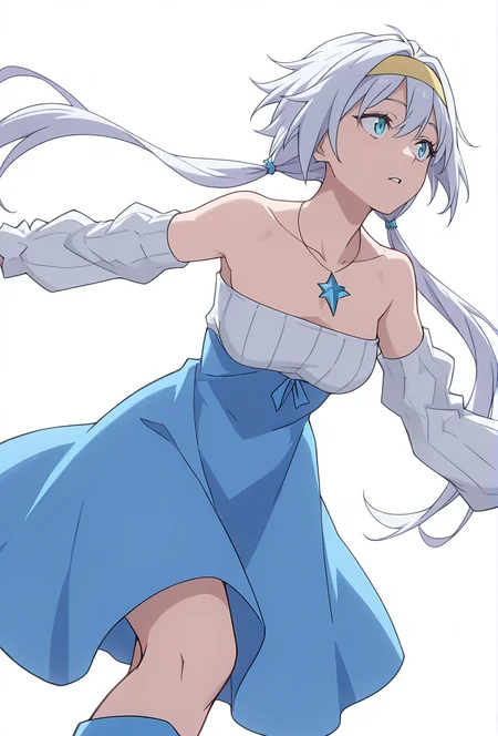 Smooth Quality,masterpiece,very intricate, high quality details, ultra realistic, high detailed skin,detailed enviorement,absurdres,
dim lighting, raytracing,
simple background, white background,solo,
dancing, horrified,from below,
<lora:Velzard_CNR:0.8> velzard_cnr, bare shoulders, white hair, hairband, 1girl, low twintails,blue dress, necklace, collarbone,blue boots,
<lora:SenriGAN_style:0.8>,