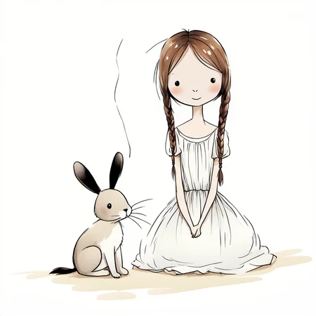 <lora:xiaohua:0.9>,xh,1girl,braid,dress,sitting,twin braids,brown hair,rabbit,solo,white background,simple background,smile,white dress,