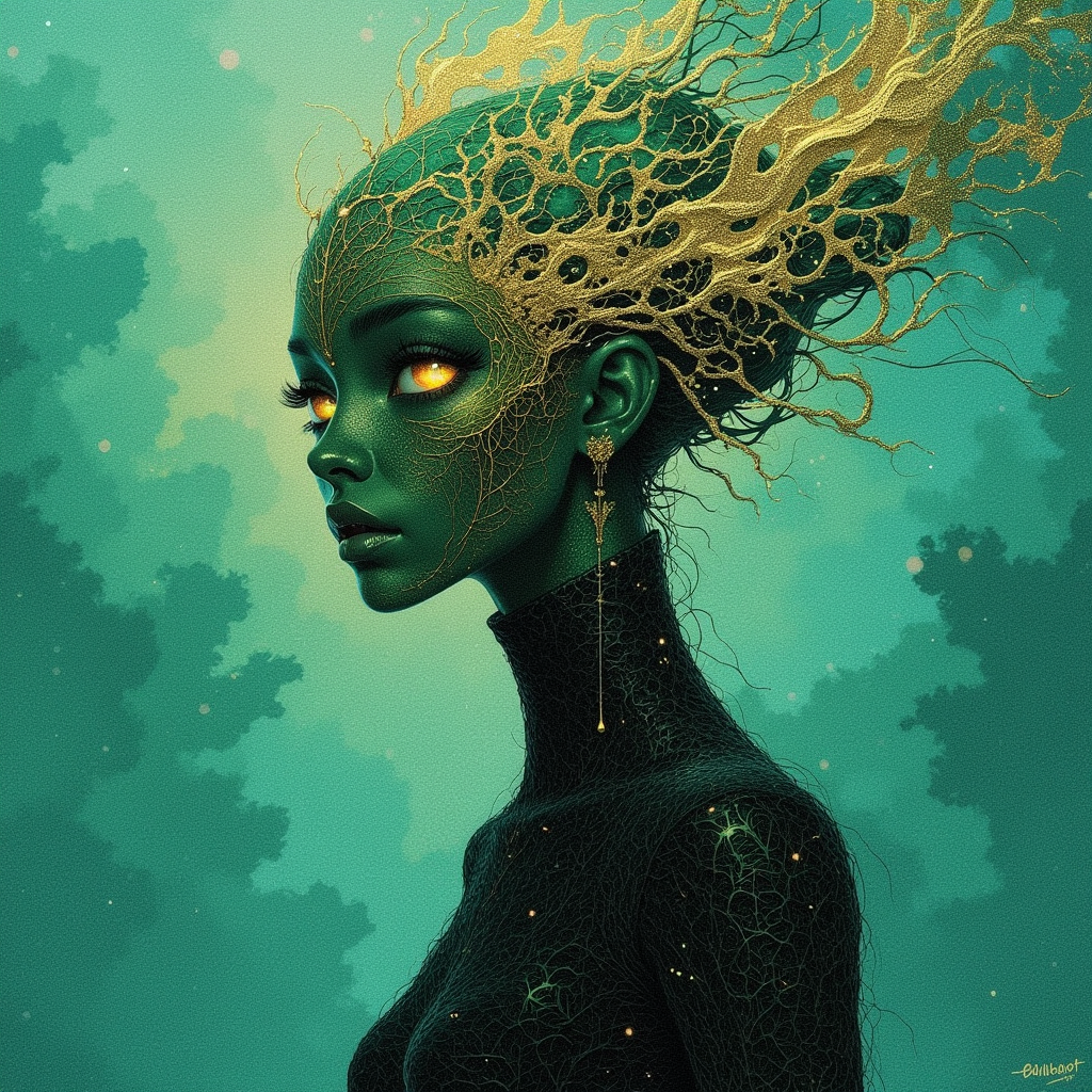anime_martz, anime_style, anime source, paint style of James C. Christensen， Ethereal minimalist Alien race cybergoth fashion photography painting, in the style of teal and gold, use of palette knives, waist-high portrait, intricate, sharp_focus, concept_art, background zentangle fog,