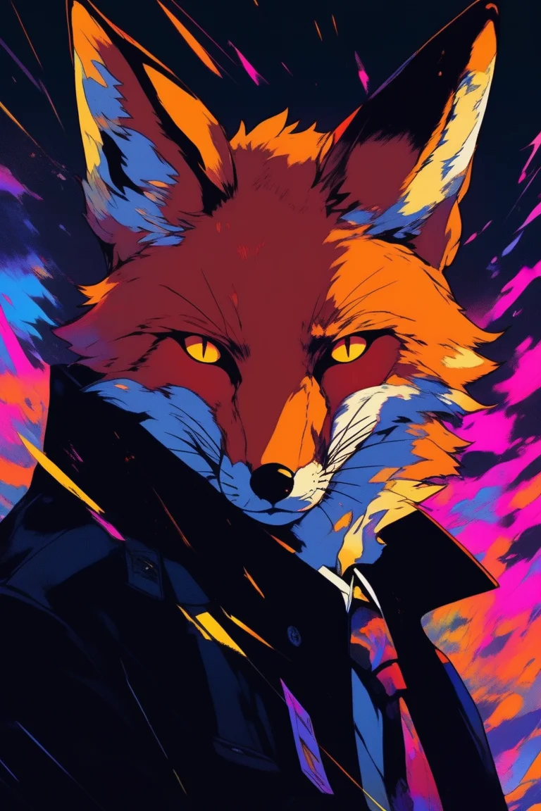 illustrator, anime style, portrait art style , Fox, portrait, habit,layer cake, fluorescent gradient background, Amber hair, Peter Sedgley,burglar , your name, Deep, shadowy eyes, textured shading, Intense emotional depth, Captivatingly eerie presence, (masterpiece,best quality)