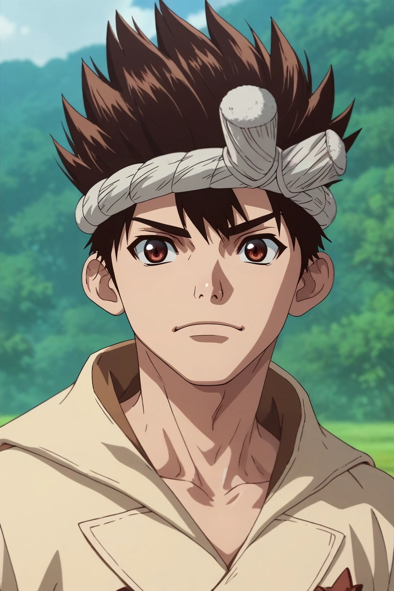 score_9, score_8_up, score_7_up, source_anime, rating_safe, intricate details, (3d:0.4), , depth of field, 1boy, solo, male focus, <lora:chrome_dr_stone_pony:0.98>, chrome_dr_stone, brown hair, brown eyes, short hair, spiked hair, headband, , , <lora:sdxl_lightning_8step_lora:1>