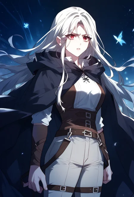 zPDXL3, score_9_up, score_8_up, score_7_up, (Anime_source), 1girl, Laila, red eyes, white hair, long hair, pants, belt, shirt, cape, looking at viewer, particles, parted lips