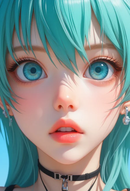 semi-realistic, Hyperrealism, extreme close-up Portrait of a beautiful, stunning Hatsune Miku face. She has large turquoise eyes filled with joy and excitement, extravagant eyelashes, making this image a masterpiece of photography and digital art. Style: realistic hyper-detailed rendering, 32k UHD, expressive eyes, pretty and cute, gleaming lips, white skin, telling a tale of adventure. Exuding confidence and serenity. Vibrant tattoos adorn her sun-kissed skin