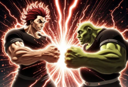 Movie poster of the movie called "Ogres Showdown" in Manga and Anime cartoon style including two characters facing off, standing agains each others. the title "Ogres Showdown" in on top of the poster The first character is Yujiro Hanma, muscular warrior with spiky red hair that wears a black sleveless shirt and also black pants, Yujiro stands in the left part of the poster, yujiro smiles in exaggerated expression
Again him in the right part of the poster stands Shrek, they both throw a punch and thier fist meet in the middle of the poster.
On the place where their fists connect appers red lightning auralora, they are looking intro each others eyes.
Shrek opens his mouth in angry roar.
aidmatextimprover