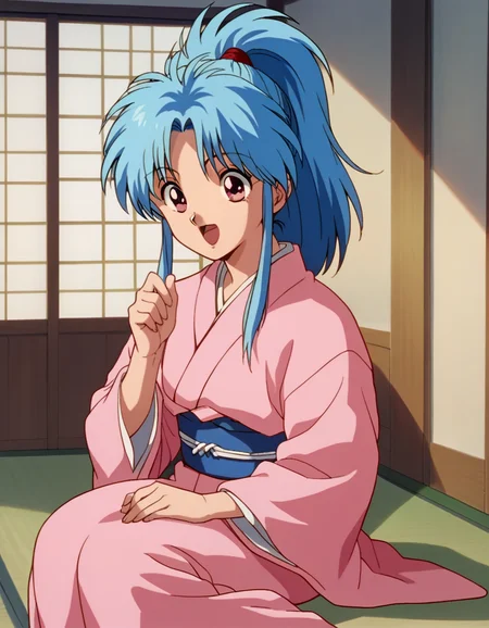 score_9, score_8_up, score_7_up, 1girl, solo,
<lora:Botan PDXL:0.8>, botan, ponytail, blue hair, parted bangs, pink eyes, kimono, pink kimono, long sleeves,
happy, sitting, indoors,