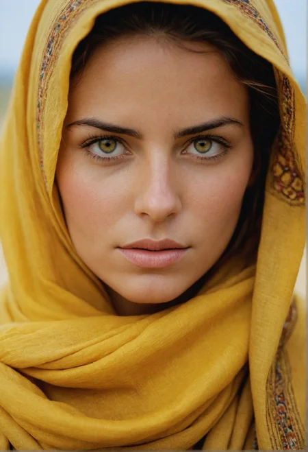 Create a highly detailed and emotionally powerful portrait reminiscent of Steve McCurryâs renowned style. The subject should be a young 40 years old nordic woman ,with expressive eyes that convey a deep and compelling story. Her skin should be portrayed with natural, authentic texture, highlighting subtle details that add to the realism. Dress, such as a richly colored Yellow fine linen elaborated scarf or garment that contrasts strikingly with her complexion, similar to McCurryâs use of vivid colors. Capture the intensity and depth of her gaze, ensuring that her eyes are the focal point of the image. Part of the face is covered to center the attention on her eyes amd mouth covering the rest of the head,,Use natural or soft lighting to enhance the texture of her skin and the vibrancy of her clothing, while maintaining a clear and unobtrusive background. The overall composition should evoke a sense of intimacy and profound connection, capturing the essence of the subject in a way hat tells a powerful story. National Geographic Photo Style.