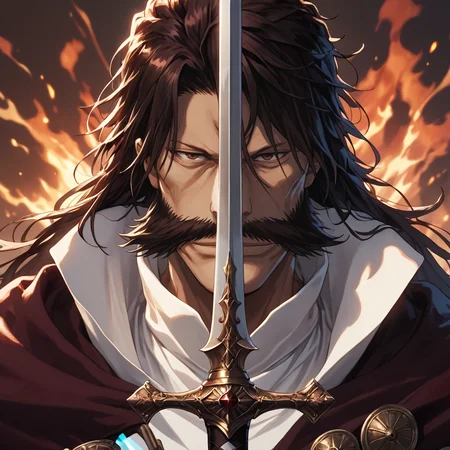 score_9, score_8_up, score_7_up, score_6_up, score_5_up, score_4_up, masterpiece, high quality, detailed
1man, long black hair, dark brown hair, huge mustache, pronounced cheekbones, long nose, thin eyebrows, white boots, brown eyes, (maroon-black cloak:1.1), broad chin, white uniform, close-up, upper body, <lora:yhwach:1>
<lora:swordup-pose-richy-v1_pdxl:1> swordup, looking at viewer, close-up, big fire in background