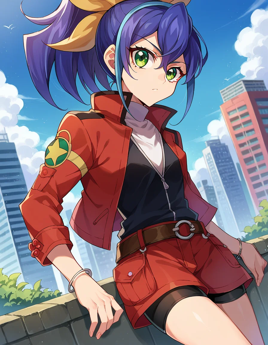 score_9, score_8_up, score_7_up, source_anime,
yugiohserena, <lora:yugioh-serena-ponyxl-lora-nochekaiser:1>,
yugioh serena, blue hair, multicolored hair, ponytail, two-tone hair, green eyes, hair bow, ribbon,
belt, bike shorts, bow, bracelet, jacket, jewelry,
outdoors, cityscape,
looking at viewer, cowboy shot, dutch angle,