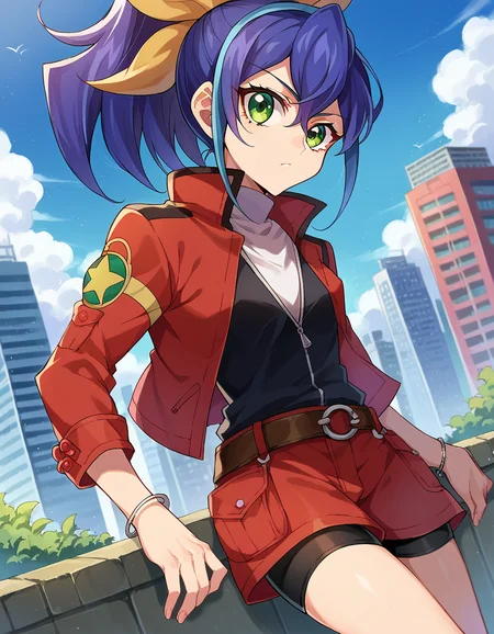 score_9, score_8_up, score_7_up, source_anime,
yugiohserena, <lora:yugioh-serena-ponyxl-lora-nochekaiser:1>,
yugioh serena, blue hair, multicolored hair, ponytail, two-tone hair, green eyes, hair bow, ribbon,
belt, bike shorts, bow, bracelet, jacket, jewelry,
outdoors, cityscape,
looking at viewer, cowboy shot, dutch angle,