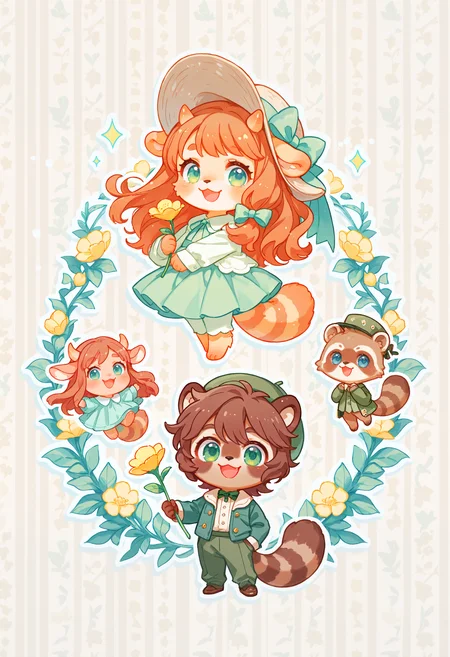 (incredibly_absurdres, amazing_background, best quality, pastel_colors, bright_colors, colorful, soft_colors, sparkle, shiny, glowing, fantasy, star_(symbol), detailed_background, detailed_eyes, stylized, watercolor_(medium))
(SNRA-Illu, brown_theme, green_theme, raccoon, chibi, no_humans, feral, tail, animal ears, furry, 2girls, 1boy, furry female, green bow, green eyes, flower, holding, dress, hat, bow, horns, smile, brown hair, green dress, looking at viewer, open mouth, hair bow, long hair, long sleeves, white outline, jacket, skirt, :3, short hair, pants, outline, blue eyes)