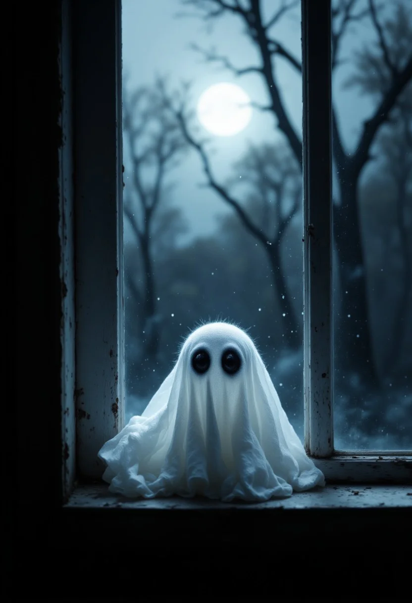A tiny ghost plushie sitting on a windowsill, with glowing eyes and an innocent smile, surrounded by soft moonlight.
, aidmaHalloweenBoost, aidmafluxpro1.1, aidmaimageupgrader, aidmaHyperrealism