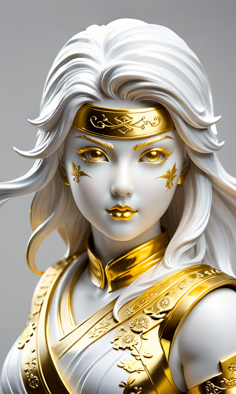 a statue of a girl, best quality, masterpiece,  <lora:cstatuesdxl:0.8>, cstatuesdxl, white and gold, ninja