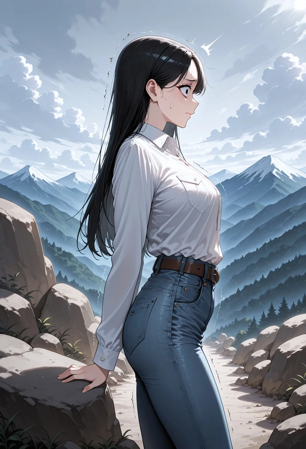 unholy-aesthetic, masterpiece, best quality, amazing quality, absurdres,
y0sh1da,1girl, solo, black hair, long hair, black eyes, lips, medium breasts,
White shirt, collared shirt, long sleeves, belt, denim, jeans,
scared, closed mouth, sweatdrop, shaking, standing, mountain, rock, cloudy sky, from side, profile,