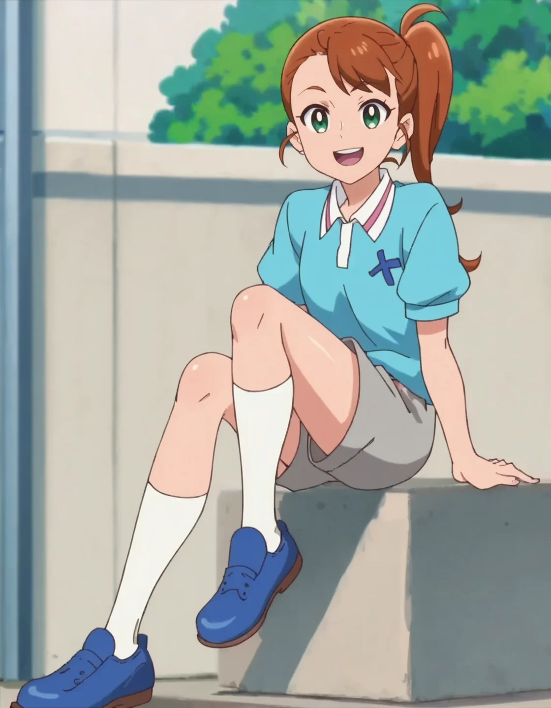 score_9, score_8_up, score_7_up, anime screencap, solo,1girl, green eyes, brown hair, open mouth, smile, shorts, side ponytail, socks, looking at viewer, shirt, blue footwear, short sleeves, shoes, blue shirt, long hair
<lora:natsuumiaoi:0.8>