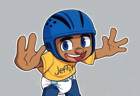score_9, score_8_up, score_7_up, score_6_up, source_anime, grey background, simple background, digital drawing, jeffy, solo, t-shirt, blue headwear, yellow shirt, young adult, buck teeth, blue eyes, blue bicycle helmet, dark brown messy hair, pencil shoved up nose, blue crossed eyes, jeffy text on shirt, short dark blue jeans, pamper diaper on outside of pants, short dark blue jeans, smile, open mouth, 4 fingers, looking at viewer, fingers, 4 fingers, fakemrbeast, hands up, drop shadow, white outline,