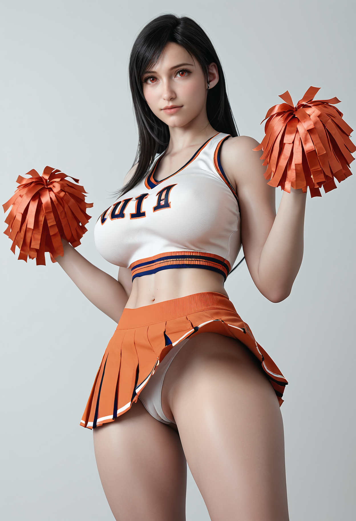 score_9, score_8_up, score_7_up, realistic,
1girl, solo,
standing,
looking at viewer,
cheerleader, pom pom \(cheerleading\), skirt, 
skindentation, cameltoe, 
ass visible through thighs, 
white background, simple background, 
 <lora:Tifa_Lockhart_SKNSFWV1:0.7> T1f4_L0ckh4rt_SKNSFW, tifa lockhart, red eyes, swept bangs, long hair, black hair, large breasts,