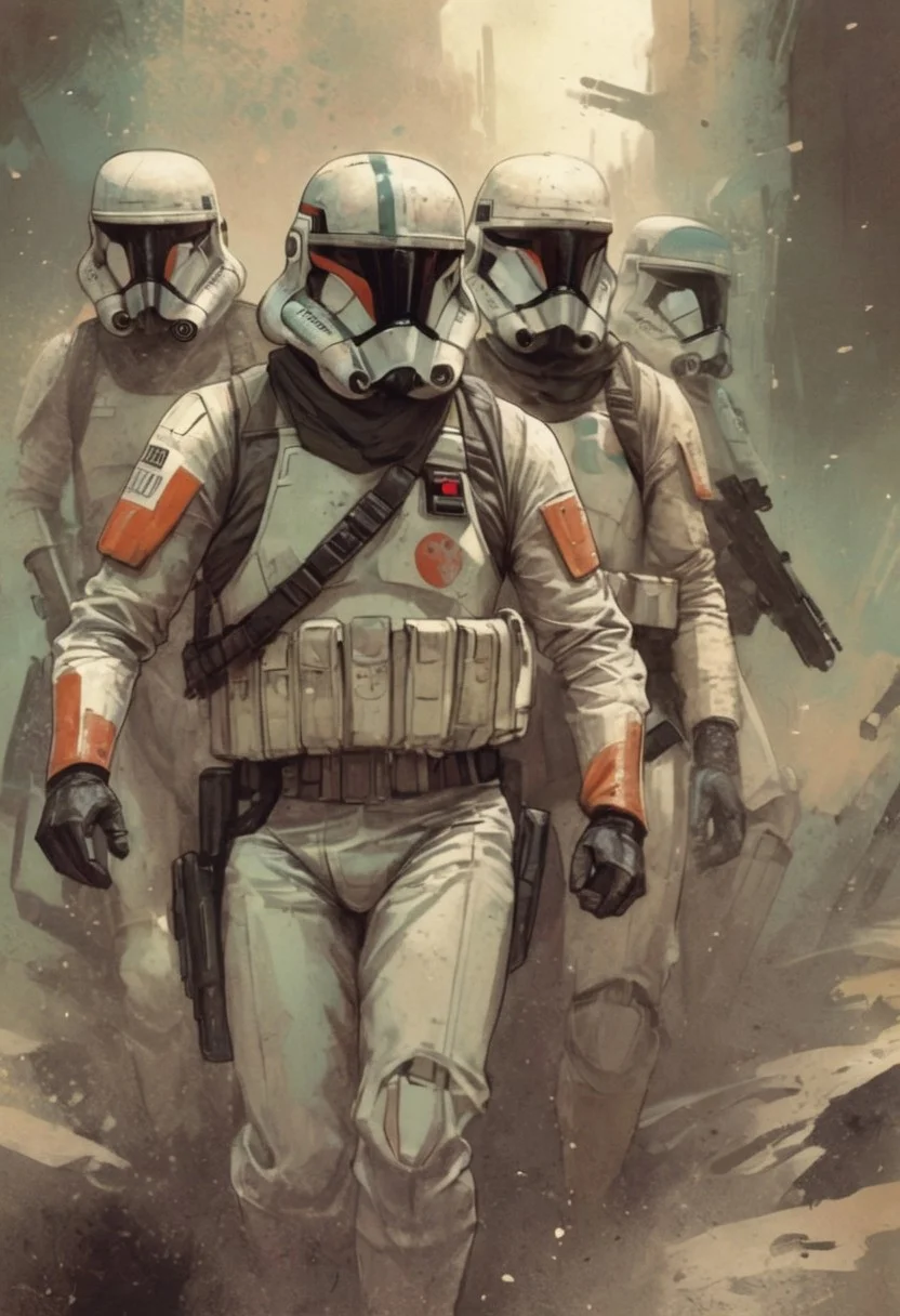 star wars rebel troopers during rebellion era in art style of Matteo Scalera