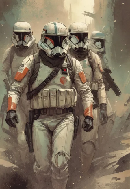 star wars rebel troopers during rebellion era in art style of Matteo Scalera
