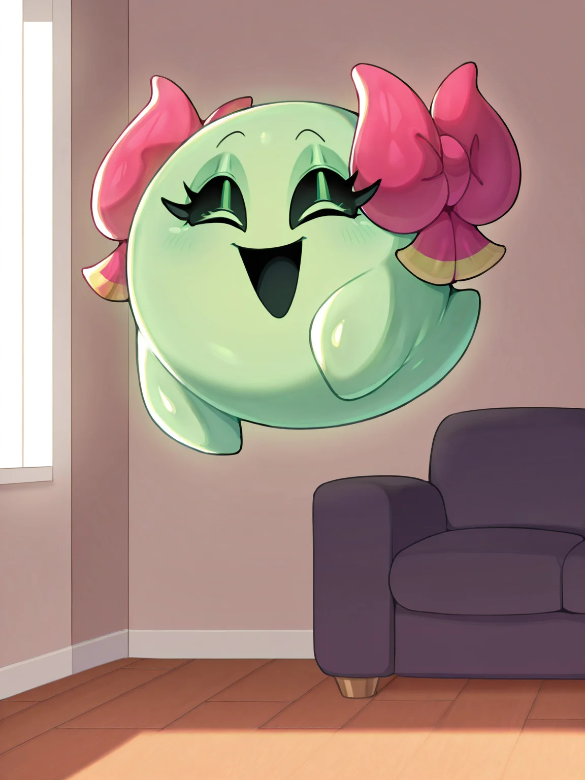 (approval, joyful ^_^ happy, , closed eyes, opened mouth, smile, floating, no humans, full body, solo), <lora:Boo:0.9>, lady bow, green skin, shiny skin, green eyes, black sclera, long eyelashes, looking at viewer, living room,
masterpiece, best quality, good quality, newest, very awa, absurdres, highres, feral,