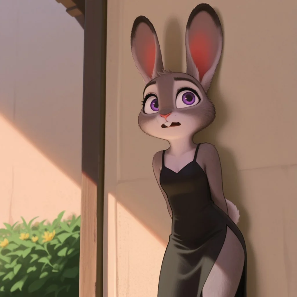 masterpiece, best quality, amazing quality, hoppsJudyztIL, anthro, female, bunny, grey fur, purple eyes, rabbit ears, rabbit tail, rabbit girl, buck teeth, outside, black dress, side slit