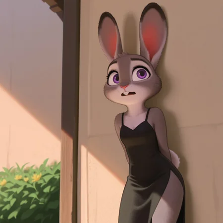masterpiece, best quality, amazing quality, hoppsJudyztIL, anthro, female, bunny, grey fur, purple eyes, rabbit ears, rabbit tail, rabbit girl, buck teeth, outside, black dress, side slit
