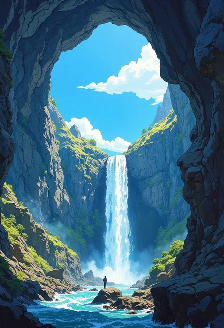 a breathtaking oil painting of a colossal cave with a towering waterfall plunging into its depths. The cave is illuminated by a radiant clear blue sky visible through a large opening at the top. Light filters in, creating a mesmerizing interplay of shadows and highlights on the rocky walls and glistening water. The scene is rich with texture: intricate rock formations, moss-covered stones, and the vibrant flow of the waterfall. The painting evokes both serenity and awe, with bold brushstrokes emphasizing the grandeur and raw beauty of nature. DB4RZ, DB4RZ style painting, in the style of cksc, anime, cyberpunk