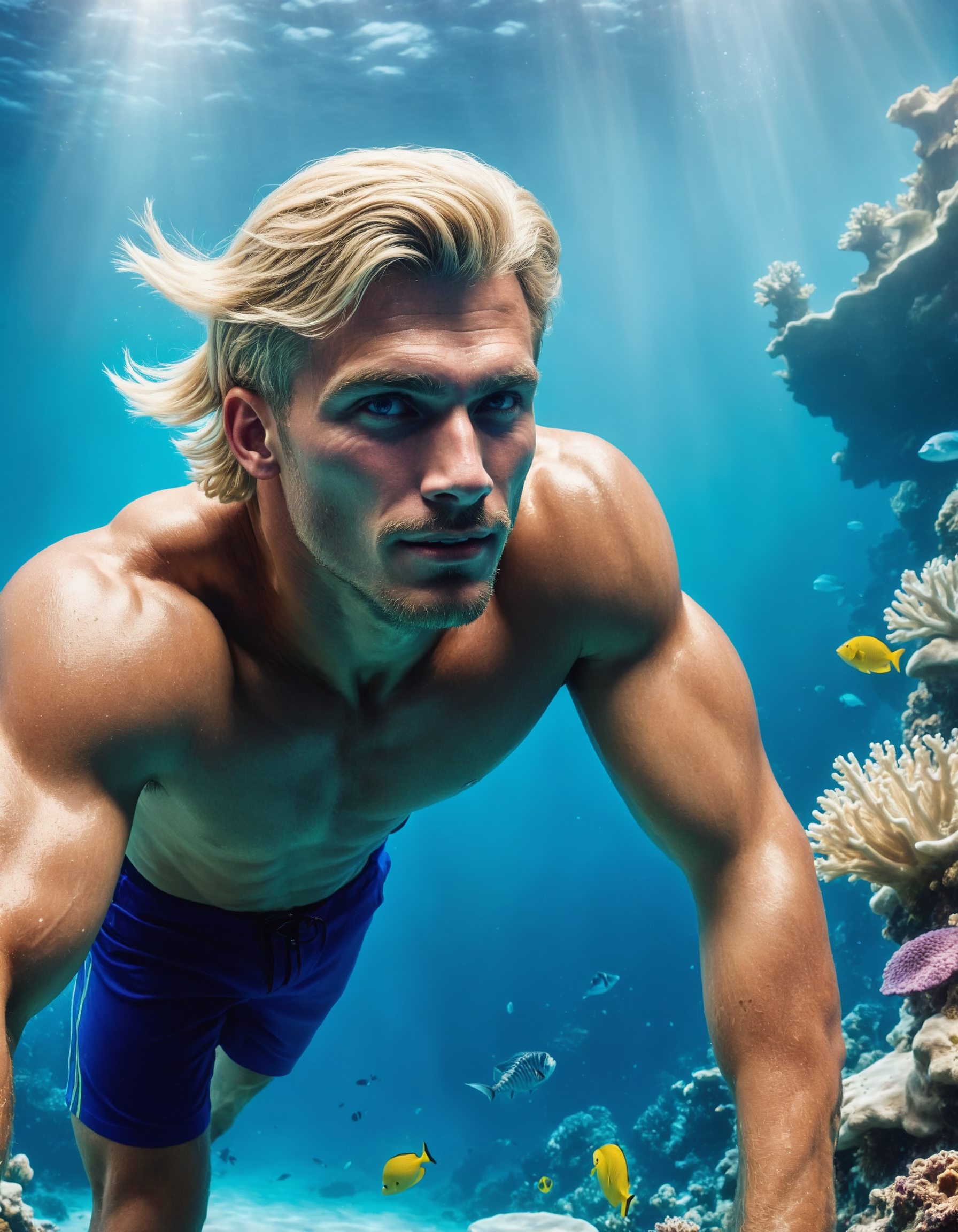 breathtaking A athletic blonde haired man on vacation enjoying the local party scene  at morning in Under the sea in the deep hidden city of Atlantis . award-winning, professional, highly detailed