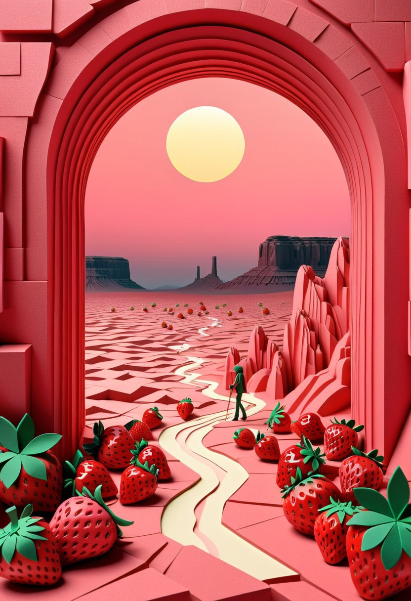 Strawberry Moonrise Over the Desert:
A vast desert landscape at twilight. In place of the moon, a massive glowing strawberry hangs low in the sky, casting red-pink reflections on sandstone cliffs. A single silhouetted traveler with a walking stick gazes upward. Surreal grandeur with minimalist composition, evocative of magical realism.
Tags: minimalist composition, simple composition, clean lines, made of strawberry, low-poli, voronoi, voxels, transformed into a strawberry-themed landscape, strawberry-themed elements, illustration insanity, surrealist artistic textures, fluid realism, Paper Quilling, Layered Paper