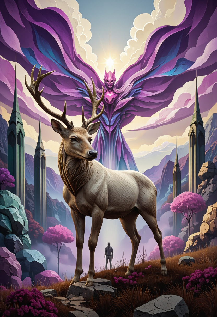 <lora:Pieper-Geometrics-Afterlife:0.8>, Landscape with impossible structures,An enchanted deer who guides lost travelers home, glossy paper, iso150, 35mm, score_9, score_8_up, score_7_up, intricate details, Hyperrealism style, 3d, concept-art, dreaminess, psychedelic, shallow-depth-of-field, cinematic lighting, soft bokeh, very beautiful composition, Unreal, real-time 3D, Epic Games style, Unreal Engine style, 3d-rendering, vibrant contrast depth and shadow enhanced using (Gaussian blur) for a soft background focus, (sharpen filter) applied, (color grading) to enhance contrast between warm and cool tones, (noise reduction) for a smooth, clean finish, (HDR toning) used for extra depth and detail, highly detailed dreamy background detailed skin texture, subsurface scattering award-winning, professional, highly detailed. dreamlike, mysterious, provocative, symbolic, intricate, detailed, hyper-detailed, masterpiece, award winning, midjourneyv6.1