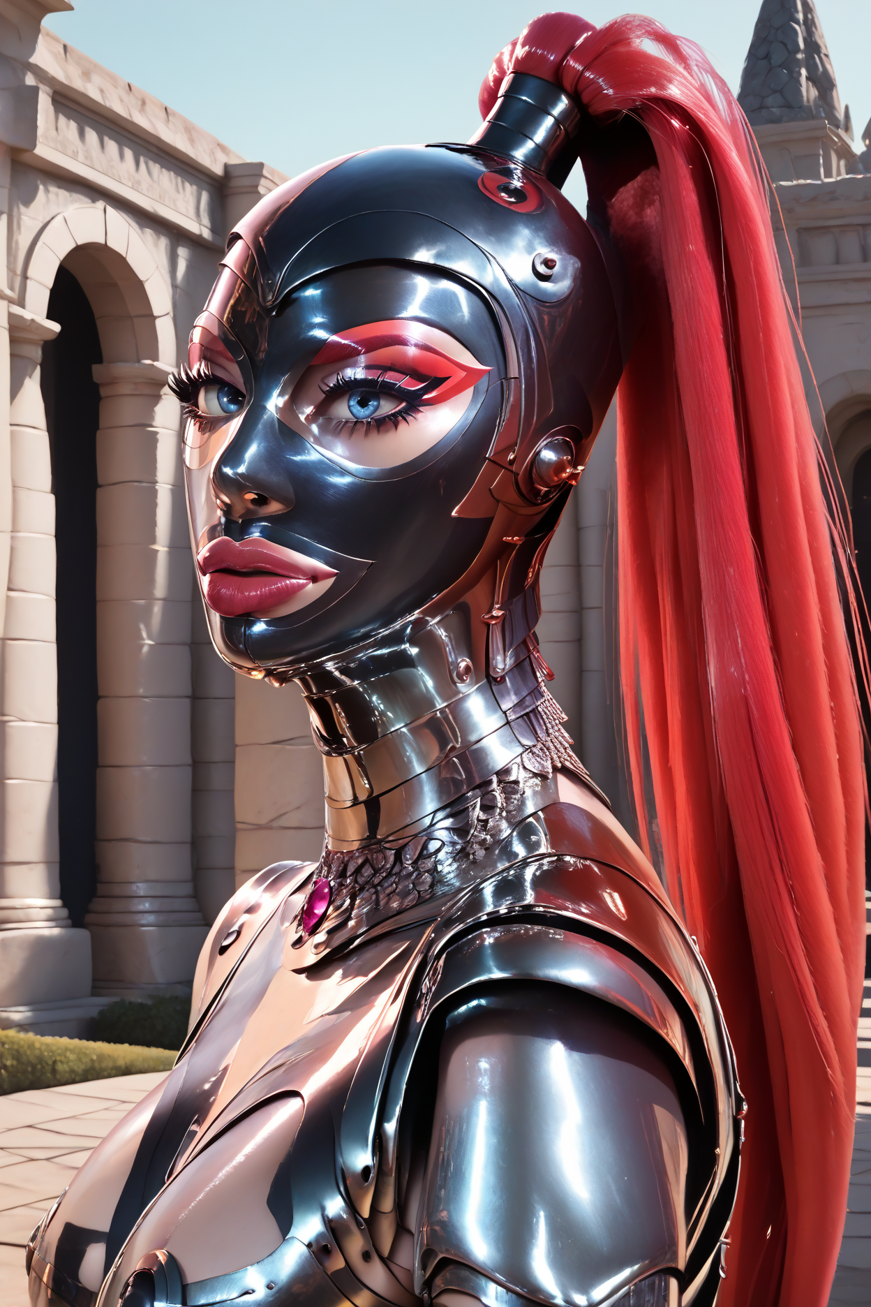 score_9, score_8_up, score_7_up, score_6_up,
aphroditehades2 wearing a metalsuit, outside, <lora:MetalSuitPonyV2:1>,, ,<lora:latexHoodPonyV3:1>,black latexhood, red ponytailhair,