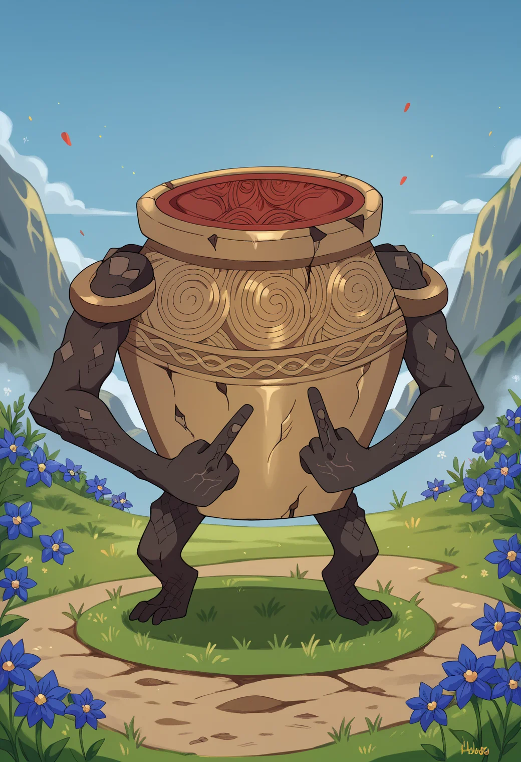 score_9, score_8_up, score_7_up,  RythIFAlexanderPony, Alexander \(Elden Ring\), pot guy,RythIFAlexanderPony, Alexander \(Elden Ring\), pot guy, full body, front view, middle finger at viewer, front view, grass, blue sky, flowers, <lora:ifalexander:1>