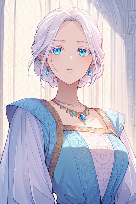 (masterpiece), (best quality), (ultra-detailed), (best illustration), (best shadow), (absurdres), (very aesthetic), 1girl, solo, <lora:Dahlia-éä¸:1>, dahlia-emp, silver hair, azure eyes, updo, dress, earrings, necklace, palace background