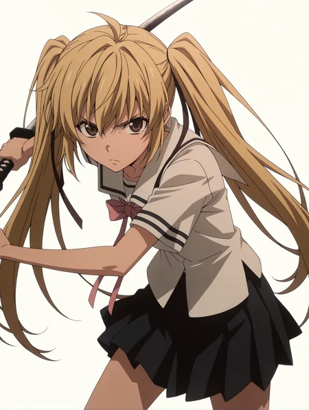 masterpiece,best quality,newest,
1girl,solo,
anime screencap,<lora:s_raimei_ilxl_v1.0:1>,s_raimei,blonde hair,hair bow,twintails,brown eyes,
r_clothes,serafuku,ribbon tie,white shirt,black pleated skirt,
r_katana,
<lora:Fixhands_anime_bdsqlsz_V1:1>,white_background,simple_background,:<,looking_at_viewer,front view,standing,cowboy_shot,ready to draw,serious,
