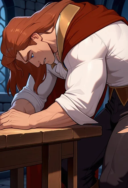 masterpiece,best quality,amazing quality,very aesthetic,absurdres,newest, huge filesize, Prince_Adam_BTB, 1man male focus, solo, auburn hair, blue eyes, lean and muscular, mature, long hair, strong, tall, manly, masculine, classy, soulful eyes, artistic, in a very dark dungeon, torn dark red cape fastened at the neck with a golden clasp, that covered his body, chest up picture, sad and lonely look, torn black trousers, brooding, torn white shirt like a disney prince wear, sideview, topview, grasping at the edge of a table. bending down a bit, facing right, mouth slightly opened