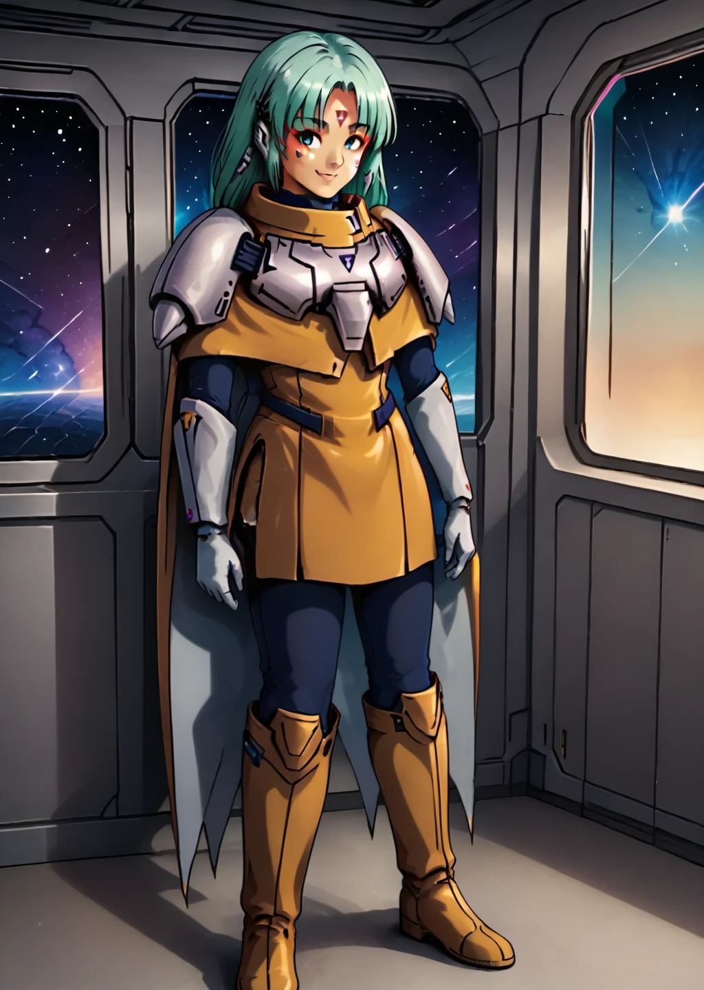 Demi, solo, armor, cape, full body, space, space station interior, woman, from the front, looking at viewer, smile, <lora:Demi-000011:1>